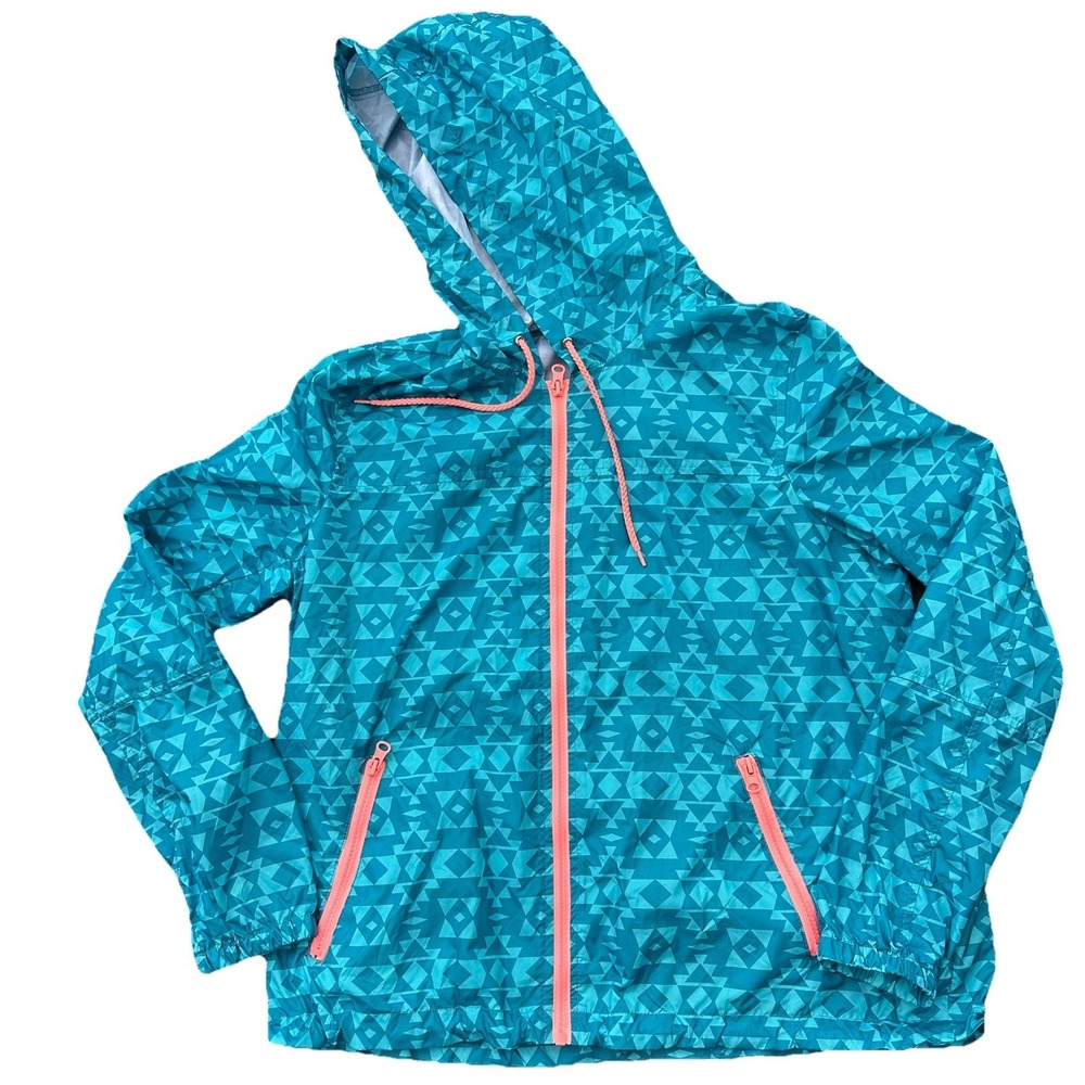 Bongo Teal Girls Rain Jacket Size L Hooded Windbreaker Outdoor Lightweight